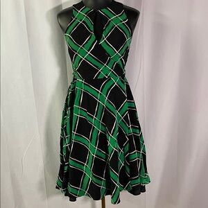 Anthro Maple Green & Black Plaid Sleeveless Wrap Front Keyhole Neck Midi Dress